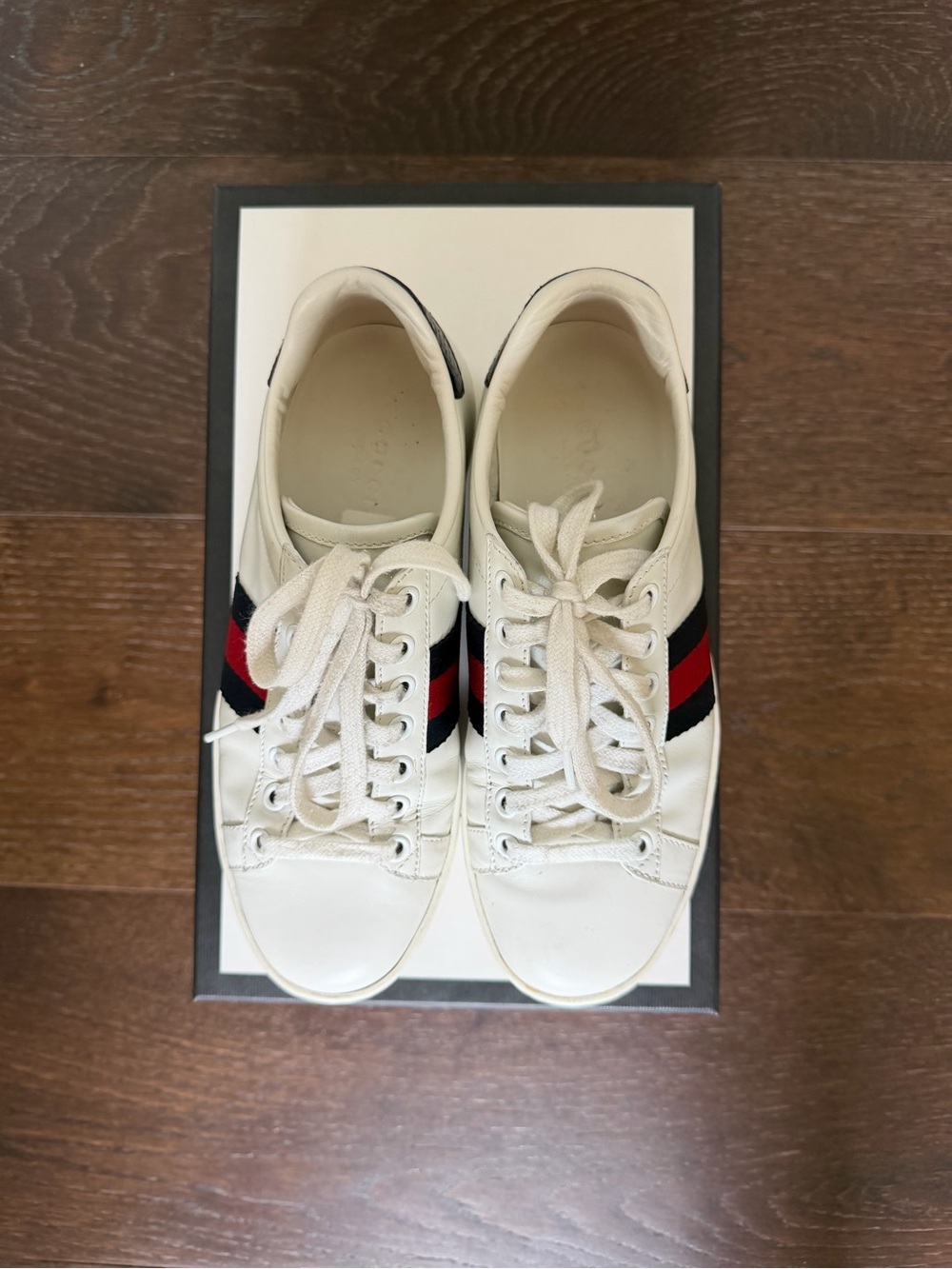 Gucci Ace White Leather Sneakers with Red & Navy Web Stripe